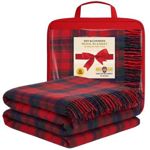Luxurious Wool Tartan Blankets for beds, Sofa throws - Winter warm - 74x62" - Robertson Red - Gift