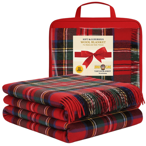 Luxurious Wool Tartan Blankets for beds, Sofa throws - Winter warm - 74x62" - Royal Stewart
