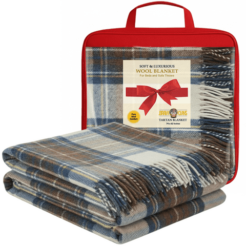 Luxurious Wool Tartan Blankets for beds, Sofa throws - Winter warm - 74x62" - Stewart Muted Blue