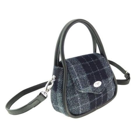 Luxury Harris Tweed Round Tartan Mini Handbag For Women In Grey/Black Tartan LB1240 C-95