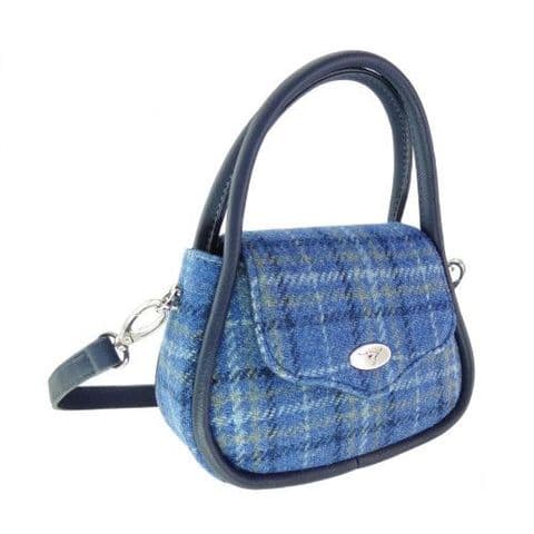 Luxury Harris Tweed Round Tartan Mini Handbag For Women In Light Blue Check LB1240 C-129