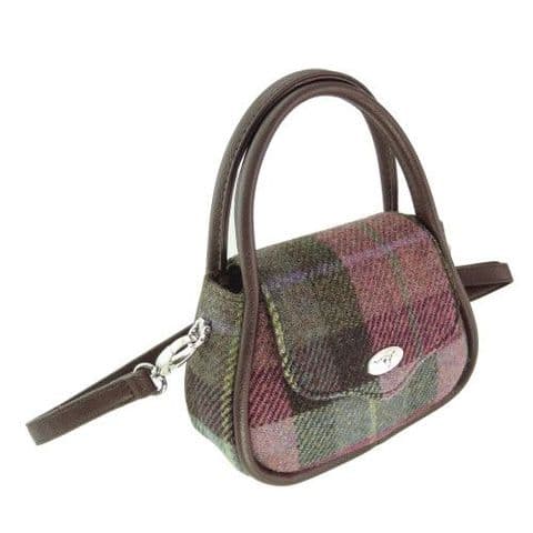 Luxury Harris Tweed Round Tartan Mini Handbag For Women In Muted Green & Rose Pink LB1240 C-137