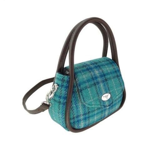 Luxury Harris Tweed Round Tartan Mini Handbag For Women In Teal & Blue Check LB1240 C-145