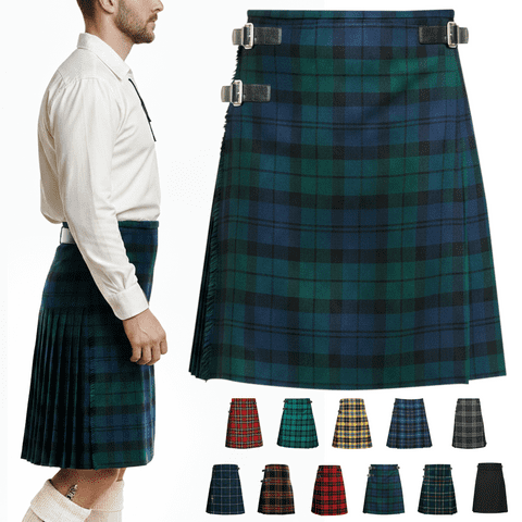 Men’s 5 Yard Tartan Kilt - Adjustable Leather Straps, Soft Non-Itchy 16oz Fabric - Black Watch