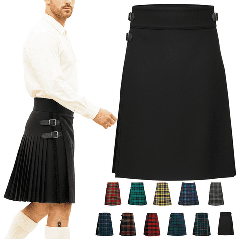 Men’s 5 Yard Tartan Kilt - Adjustable Leather Straps, Soft Non-Itchy 16oz Fabric - Black Tartan