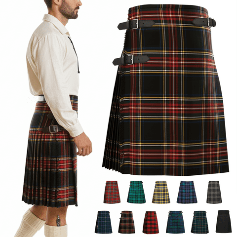 Men’s 5 Yard Tartan Kilt - Adjustable Leather Straps, Soft Non-Itchy 16oz Fabric - Black Stewart