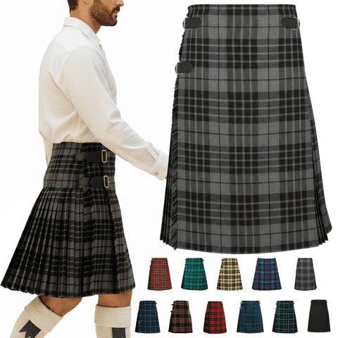 Men’s 5 Yard Tartan Kilt - Adjustable Leather Straps, Soft Non-Itchy 16oz Fabric - Grey Granite