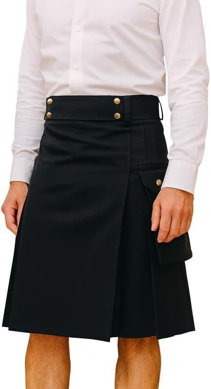 Mens Black Kilt 5-Yard Cotton Casual Utility Kilt for men Goth Style - 2 straps, 2 large pockets