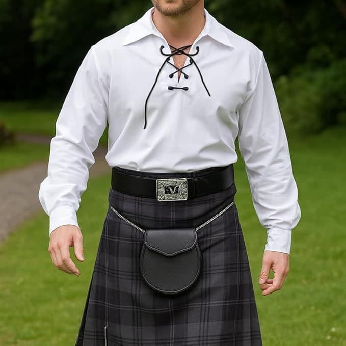Mens Ghillie Shirt Jacobite with Leather Lace Scottish Kilt