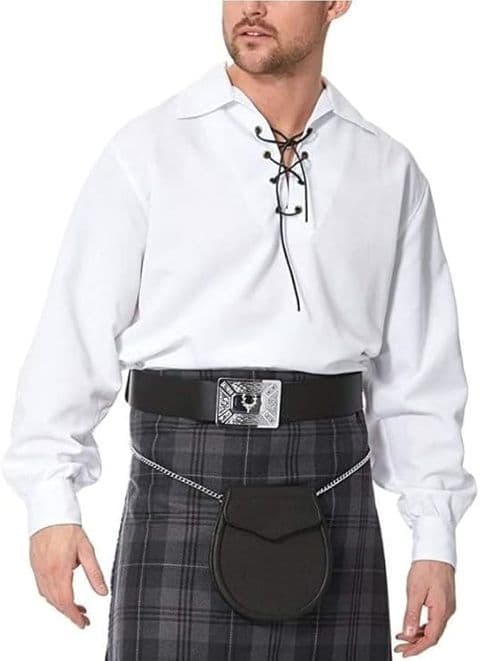Mens Ghillie Shirt Jacobite with Leather Lace - Scottish Kilt Shirt Long Sleeve, White & black Shirt