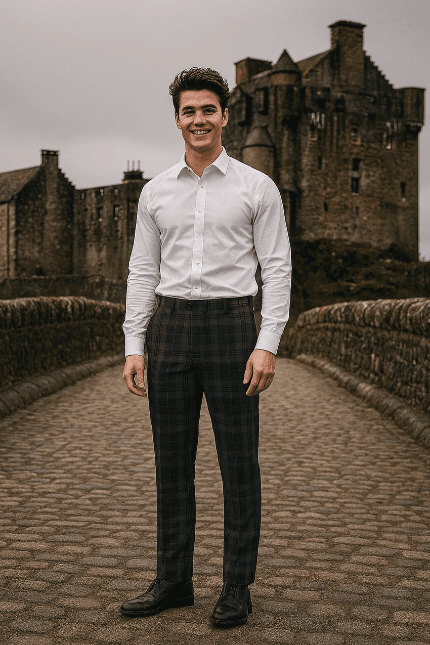 Mens Grey granite Tartan Trousers Regular fit Expandable Waist