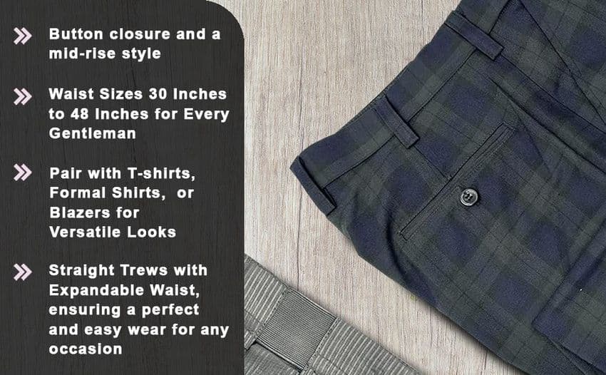 Mens Grey granite Tartan Trousers Regular fit Expandable Waist