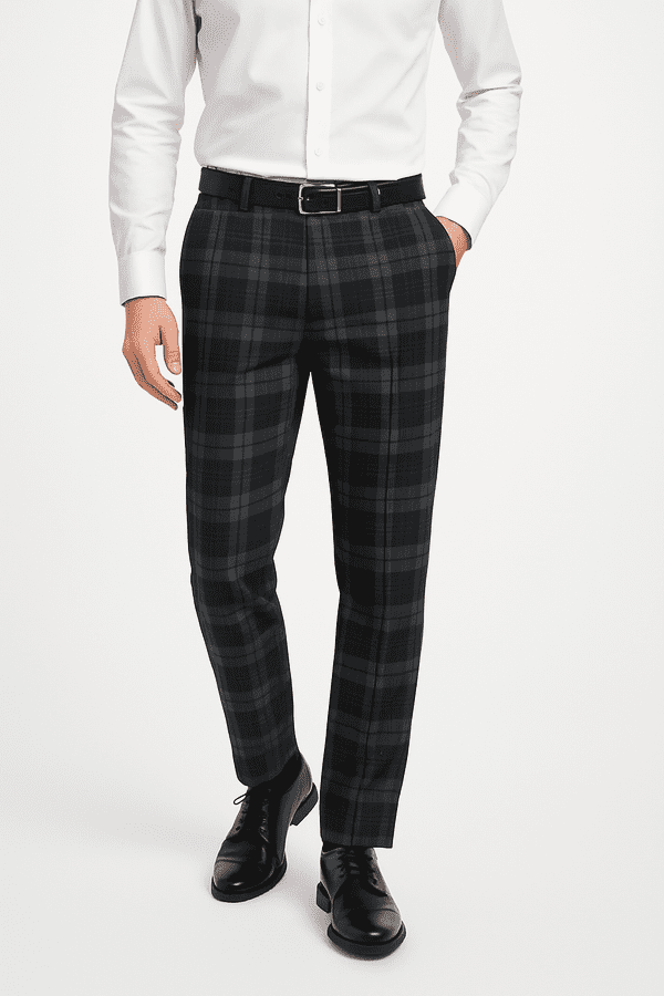 Mens Grey granite Tartan Trousers - Regular fit - Expandable Waist - checkered - Scottish Plaid Gift