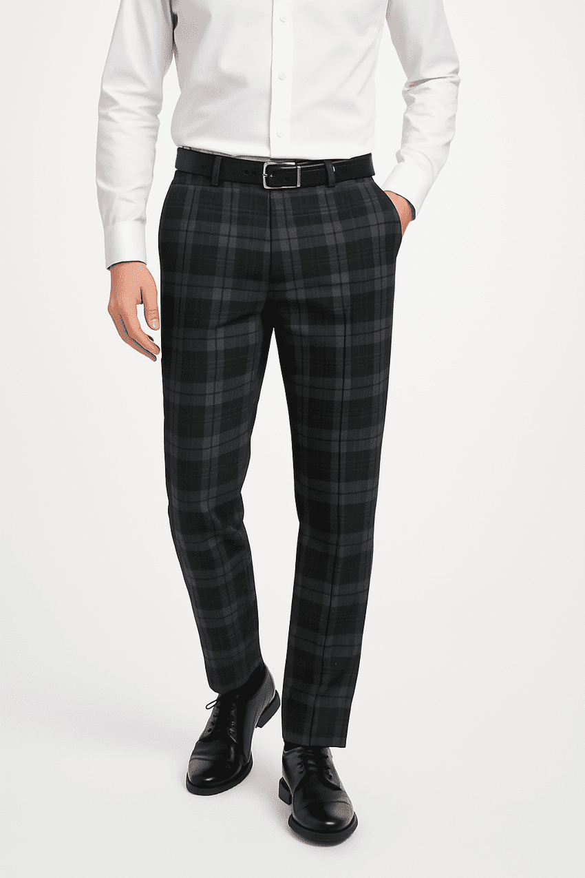 Mens Grey granite Tartan Trousers - Regular fit - Expandable Waist - checkered - Scottish Plaid Gift