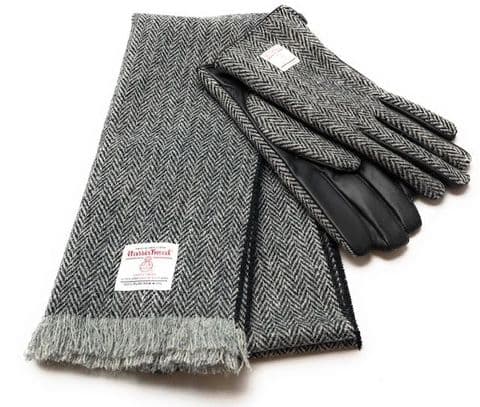 Mens Harris Tweed Classic Herringbone Scarf (150cm x 26cm) & Gloves Set Made in Scotland