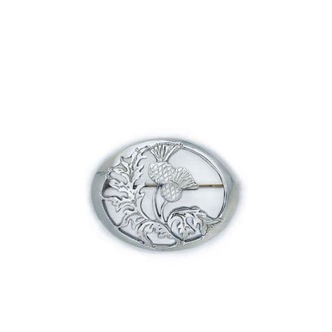 Oval Thistle Brooch in Polished Pewter – Made in Scotland, 4.5cm x 5.7cm, Presentation Box - PB240