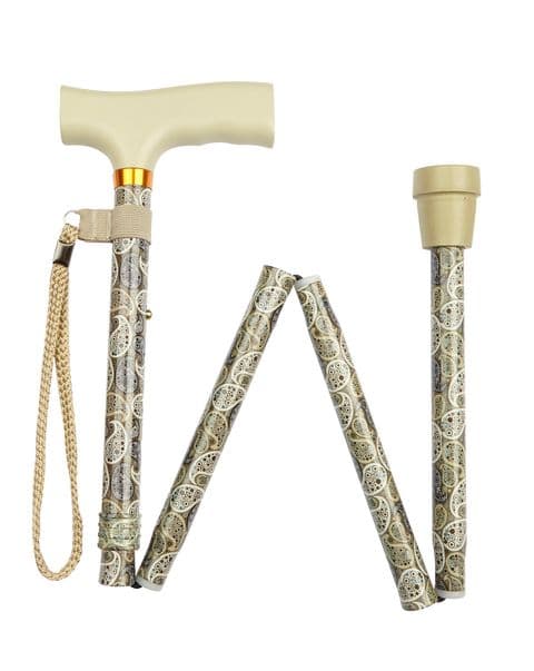 Paisley Pattern Folding Walking Stick - Height Adjustable, Lightweight Aluminium, Wooden Handle