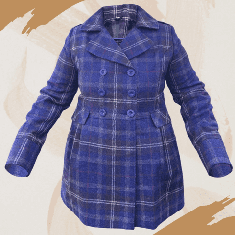 Purple Check Tartan 3/4 Double Breasted Ladies Jacket - UK Size 14 (XL), 100% Wool, imitation pocket