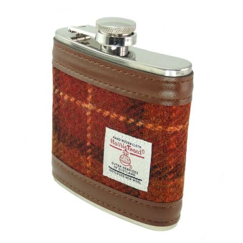 Scottish Harris Tweed 6oz Hip Flask & Gift Box Set in Brown with Orange Overcheck HF2100-COL117