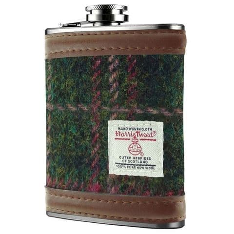 Scottish Harris Tweed 6oz Hip Flask & Gift Box Set in Dark Green & Plum Check HF2100-COL107