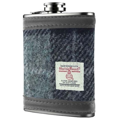 Scottish Harris Tweed 6oz Hip Flask & Gift Box Set in Grey & Black Tartan HF2100-COL95