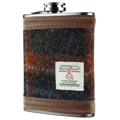 Scottish Harris Tweed 6oz Hip Flask & Gift Box Set in Grey & Rust Check HF2100-COL127