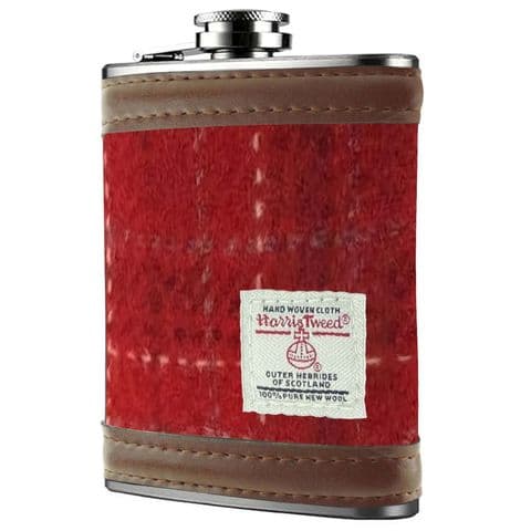 Scottish Harris Tweed 6oz Hip Flask & Gift Box Set in Red Check HF2100-COL102