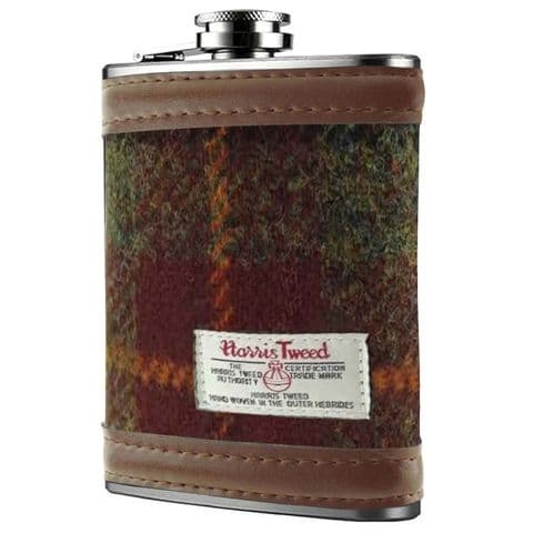 Scottish Harris Tweed 6oz Hip Flask & Gift Box Set in Rust Check HF2100-COL59