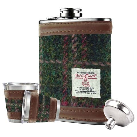 Scottish Harris Tweed 6oz Hip Flask Gift Set in Dark Green & Plum Check HF2150-COL 107