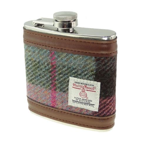 Scottish Harris Tweed 6oz Hip Flask Gift Set in Green & Rose Pink Tartan HF2150-COL 137