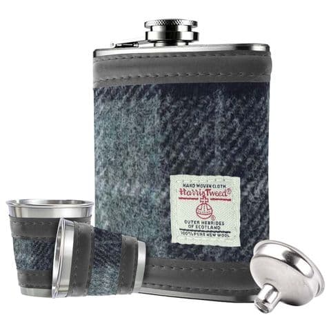 Scottish Harris Tweed 6oz Hip Flask Gift Set in Grey Black Tartan HF2150-COL 95