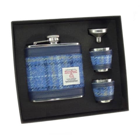 Scottish Harris Tweed 6oz Hip Flask Gift Set in Light Blue Check HF2150-COL 129