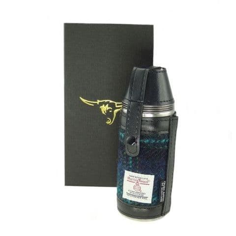Scottish Harris Tweed 8oz Hunting Flask & Cups Gift Set in Blue & Turquoise Check HF3500-COL 119