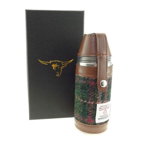 Scottish Harris Tweed 8oz Hunting Flask & Cups Gift Set in Dark Green & Plum Check HF3500-COL 107