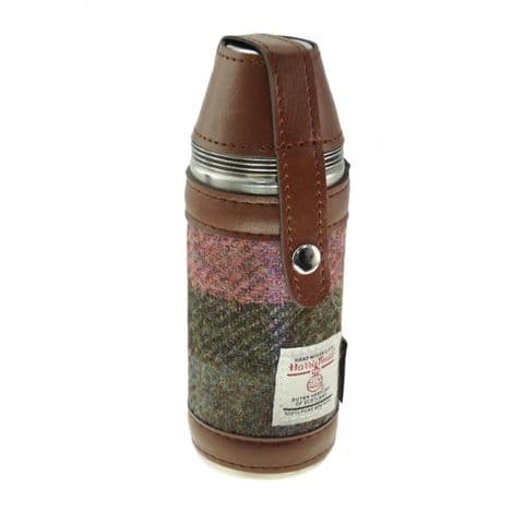 Scottish Harris Tweed 8oz Hunting Flask & Cups Gift Set in Green & Rose Pink Tartan HF3500-COL137