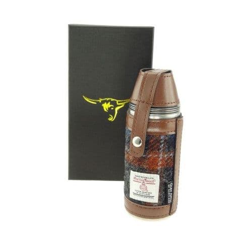 Scottish Harris Tweed 8oz Hunting Flask & Cups Gift Set in Grey & Rust Check HF3500-COL 127