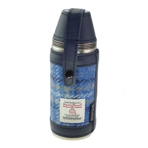 Scottish Harris Tweed 8oz Hunting Flask & Cups Gift Set in Light Blue Check - HF3500-COL129