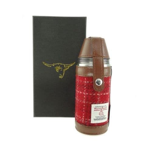 Scottish Harris Tweed 8oz Hunting Flask & Cups Gift Set in Red Check HF3500-COL 102
