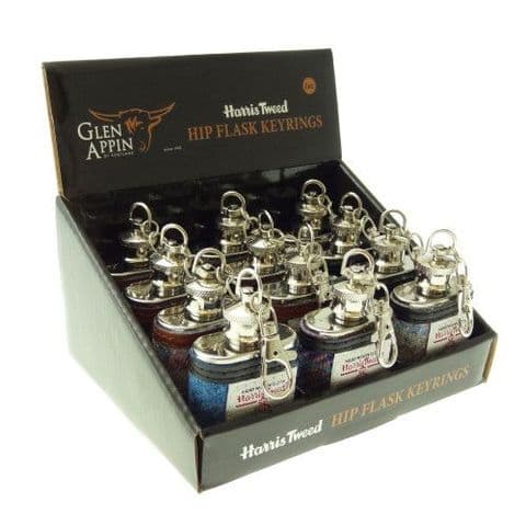 Scottish Harris Tweed Box of x12 1oz Hip Flask & Keyring Set in 12 Assorted Colours HF3000