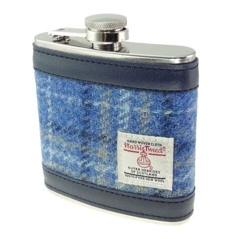 Scottish Harris Tweed Hip Flask Set - 6oz - Stainless Steel - Camping Outdoors - Light Blue Check