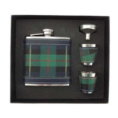 Scottish Neat 6oz Hip Flask, Cups & Funnel Gift Set in Green Tartan HF1006-GREEN