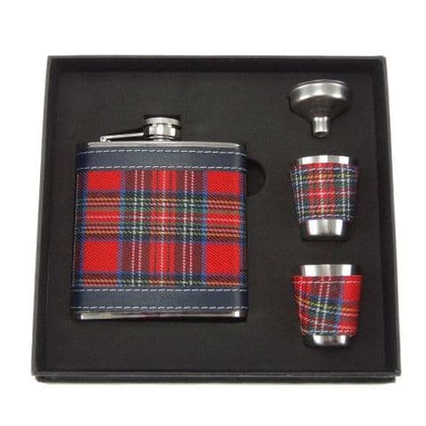 Scottish Neat 6oz Hip Flask, Cups & Funnel Gift Set in Royal Stewart Tartan HF1006-RED