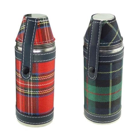 Scottish Neat 8oz Hunting Flask in Green and Red Tartan Box Set | Gift | Stainless Steel | PU Trim