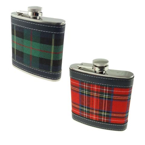 Scottish Tartan 6oz Hip Flask with PU Leather Trim & Box Set - Gift for Men - Red/Green Tartan