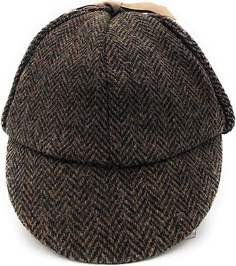 Scottish Traditional Deerstalker Hat - Harris Tweed,Autumn Dark Brown Herringbone - without Moleskin