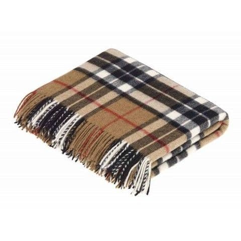 Soft Wool comfort Tartan Blankets for beds, Sofa throws - large 74x62"- Camel Thomson