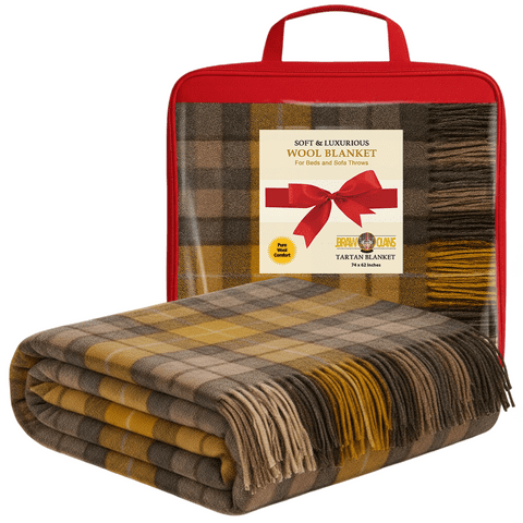 Soft Wool Tartan Blankets for beds, Sofa throws - Winter warm - 74x62" - Buchanan Natural - Gift