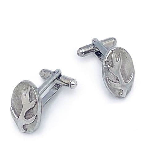 Stag Antler Cufflinks in Polished Pewter – Oval Design, Scottish Heritage, Gift Boxed - KAPC241