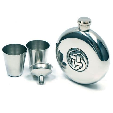 Stainless Steel Hip Flask with Celtic Knot Design – 3 Scottish Designs, Includes Shot Cups & Funnel