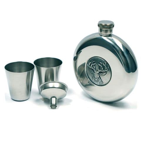 Stainless Steel Hip Flask with Stag Design – Includes 2 Shot Cups & Funnel, Gift Boxed